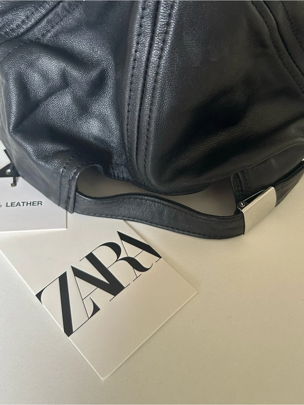 Zara Genuine Real Leather Baseball Cap Matte Black NWT